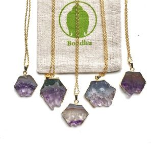 Hexagonal Amethyst Agate Slice Stone 18K Gold Necklace